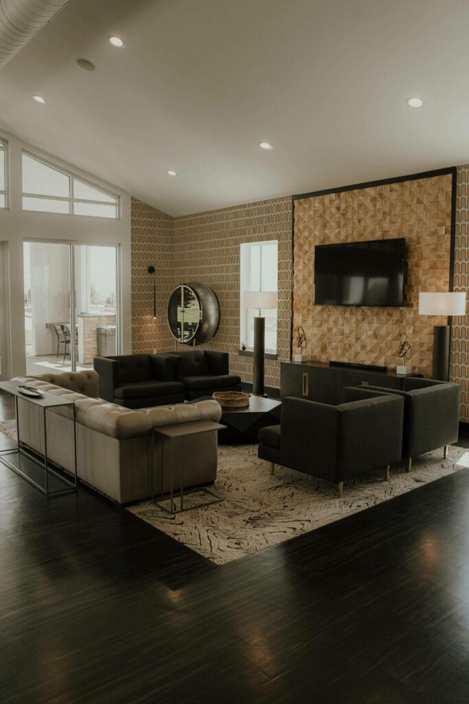 Hollywood glam style living room decorated with Groovy retro peel and stick wallpaper