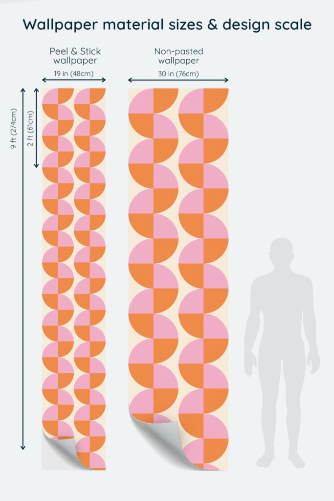 Size comparison of Groovy semi-circles Peel & Stick and Non-pasted wallpapers with design scale relative to human figure