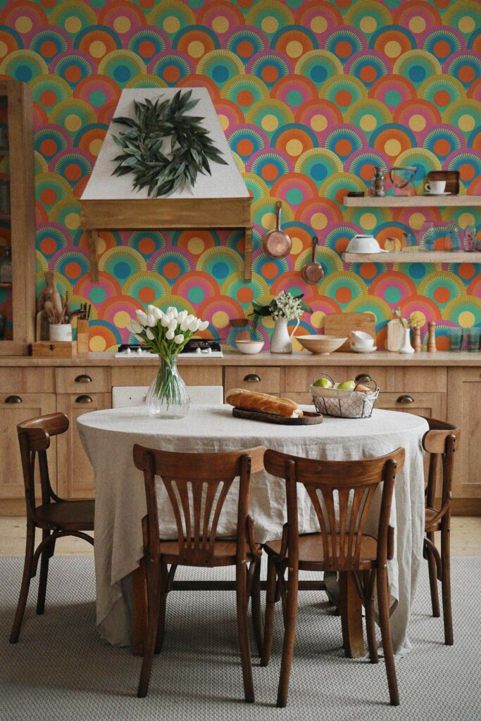 Boho farmhouse style kitchen dining room decorated with Groovy sunsets peel and stick wallpaper