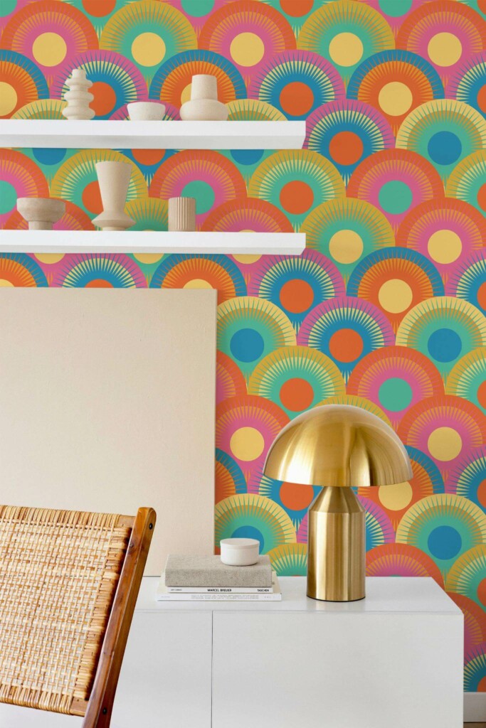 Modern style dining room decorated with Groovy sunsets peel and stick wallpaper