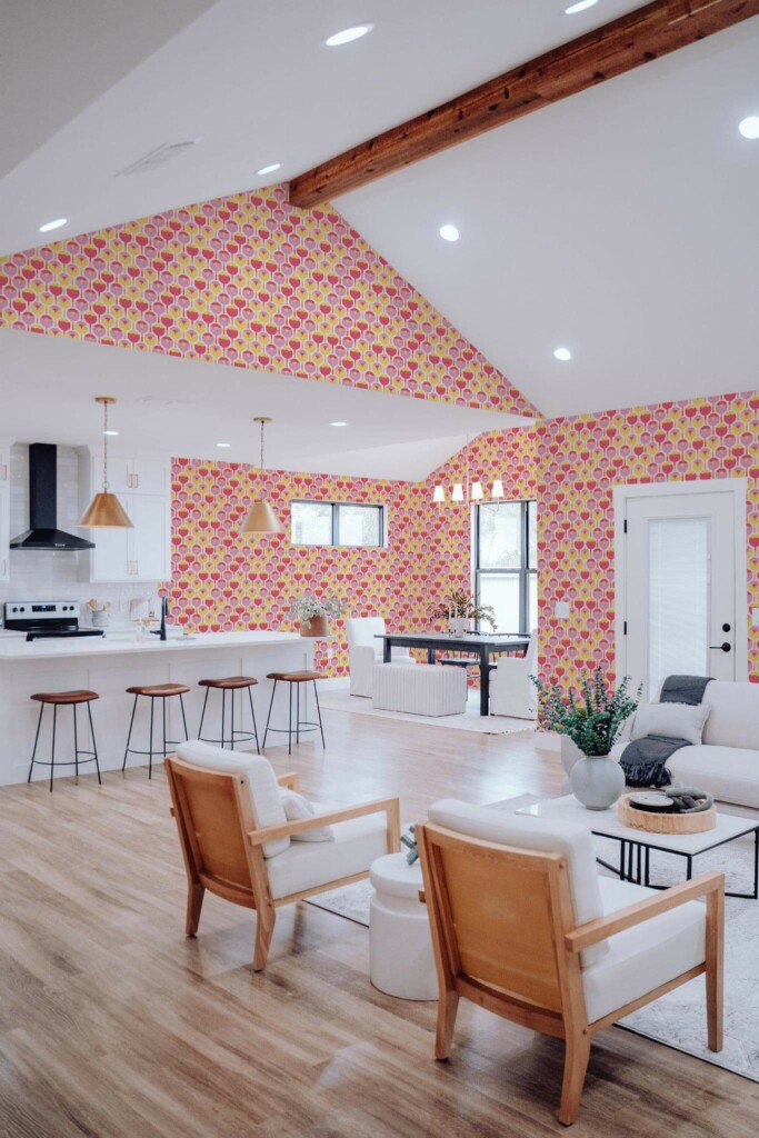 Contemporary style living room and kitchendecorated with Groovy tulips peel and stick wallpaper