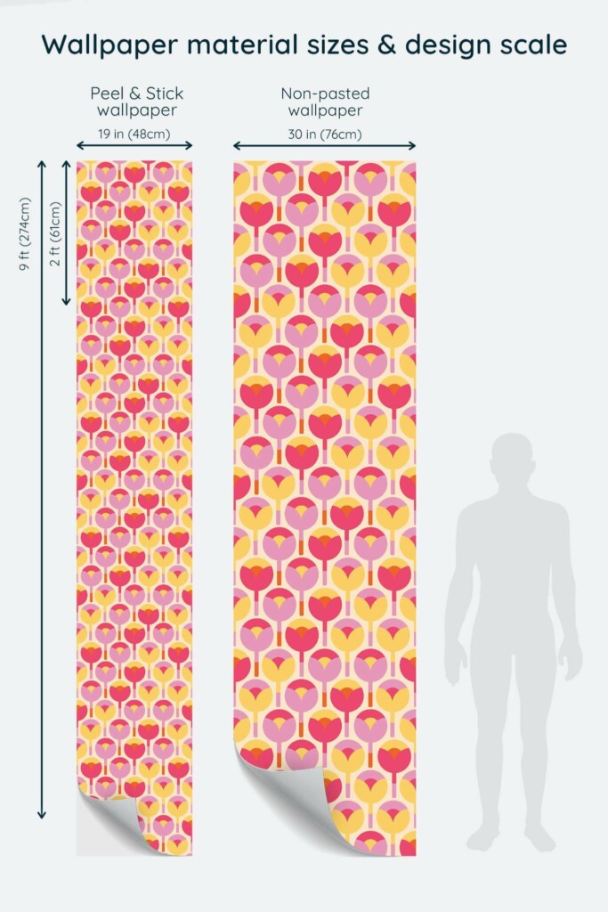 Size comparison of Groovy tulips Peel & Stick and Non-pasted wallpapers with design scale relative to human figure