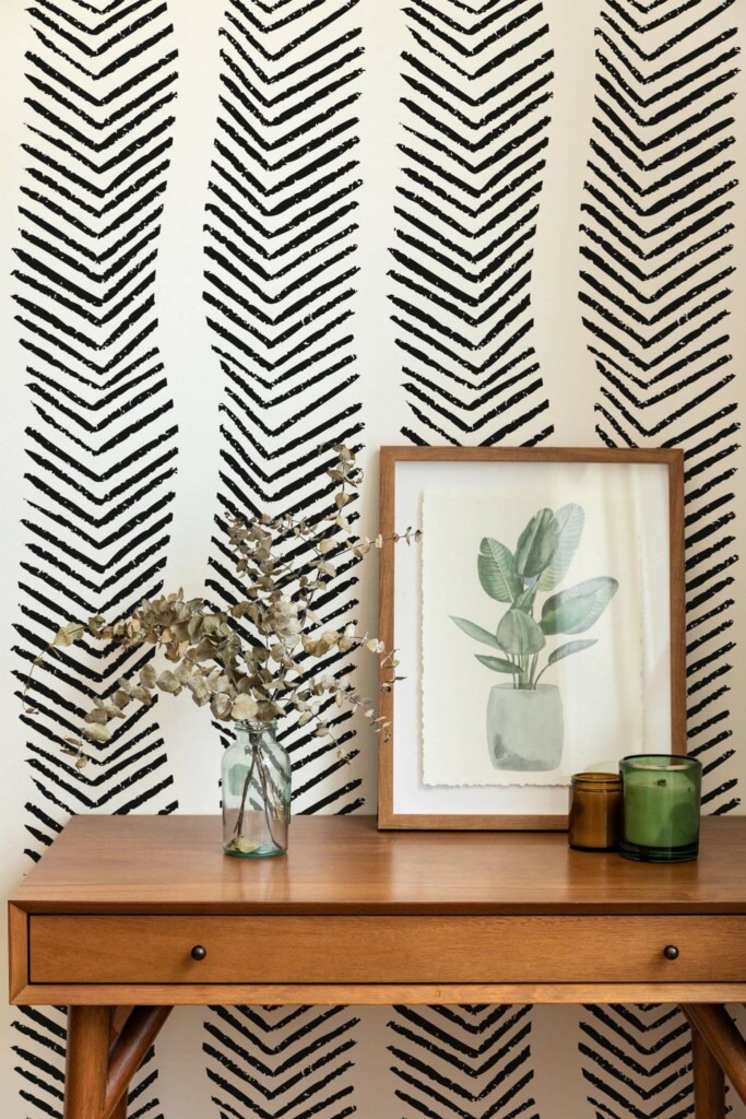 Mid-century modern style living room decorated with Grunge abstract herringbone peel and stick wallpaper