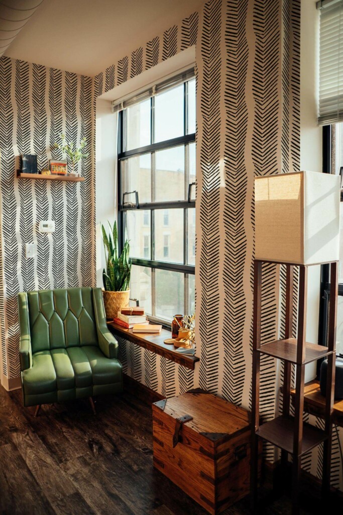 Mid-century style living room decorated with Grunge abstract herringbone peel and stick wallpaper