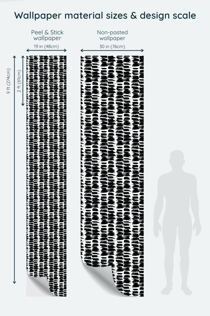 Size comparison of Grunge brush stroke Peel & Stick and Non-pasted wallpapers with design scale relative to human figure