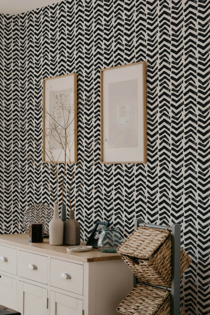 Scandinavian style bedroom decorated with Grunge chevron peel and stick wallpaper