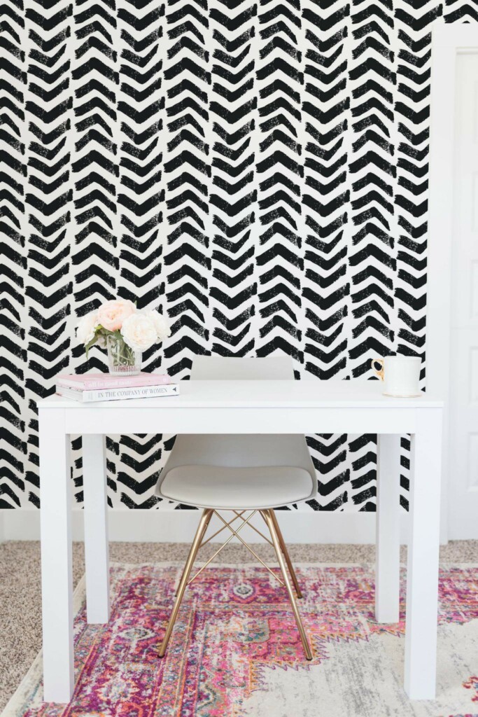 Shabby chic style home office decorated with Grunge chevron peel and stick wallpaper