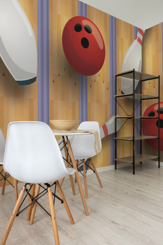 Wall mural peel and stick featuring a bright bowling scene with balls and pins in motion over stylized lanes, ideal for energetic gym spaces. The Fancy Walls peel and stick or non-pasted wallpaper.