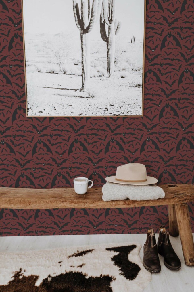 Scandinavian style entryway decorated with Halloween bat peel and stick wallpaper