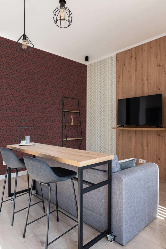 Scandinavian style open living room decorated with Halloween bat peel and stick wallpaper
