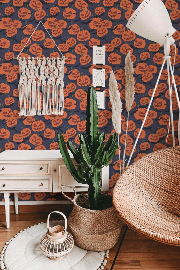 Bohemian style living room decorated with Halloween Pumpkin peel and stick wallpaper