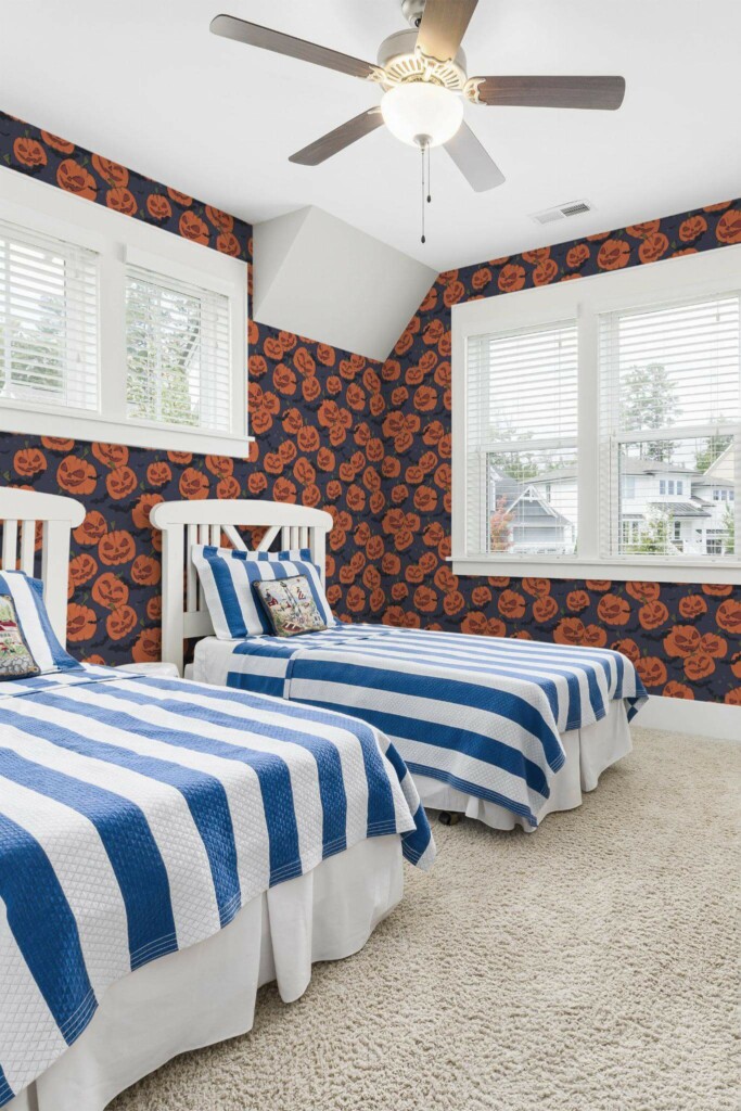 oastal style kids room decorated with Halloween Pumpkin peel and stick wallpaper