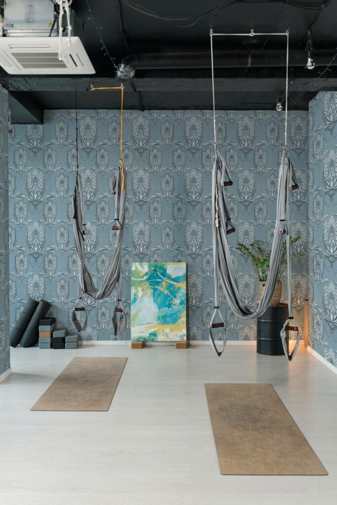 Modern industrial style yoga room decorated with Hamsa hand peel and stick wallpaper