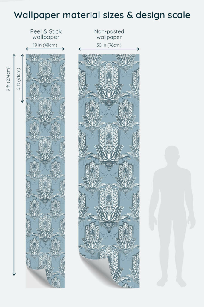Size comparison of Hamsa hand Peel & Stick and Non-pasted wallpapers with design scale relative to human figure