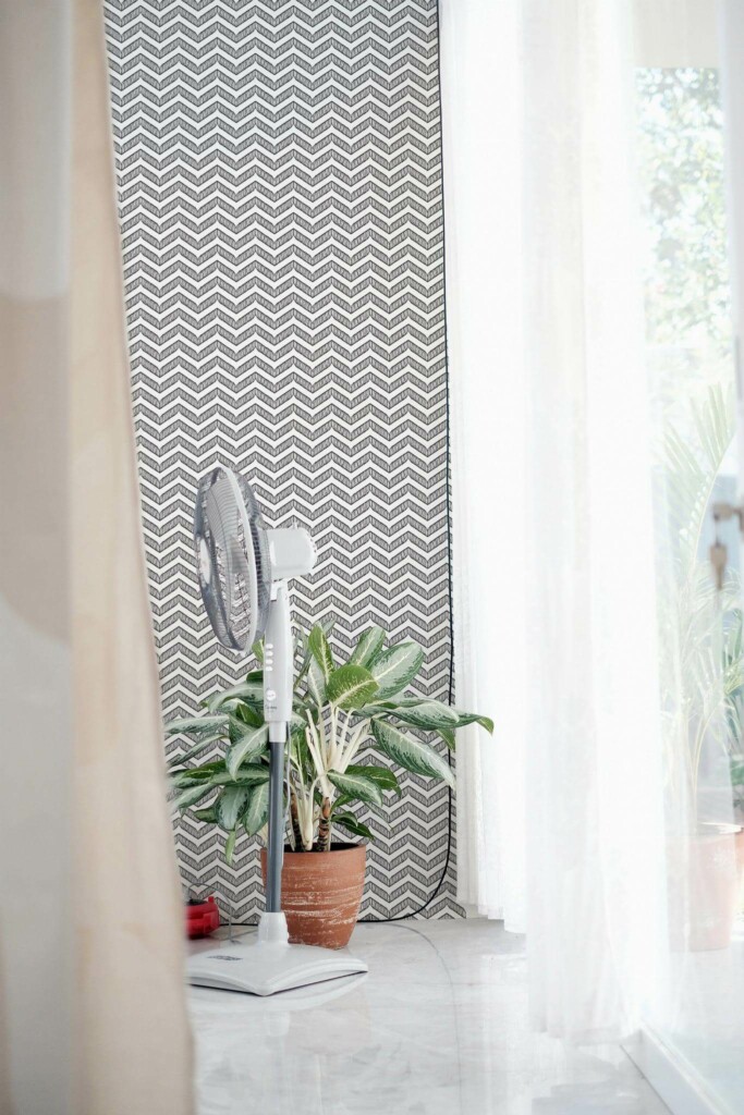 Minimal style living room decorated with Hand drawn chevron peel and stick wallpaper