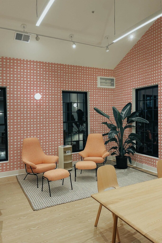Minimal style living room decorated with Hand drawn grid peel and stick wallpaper and mid-century style chairs