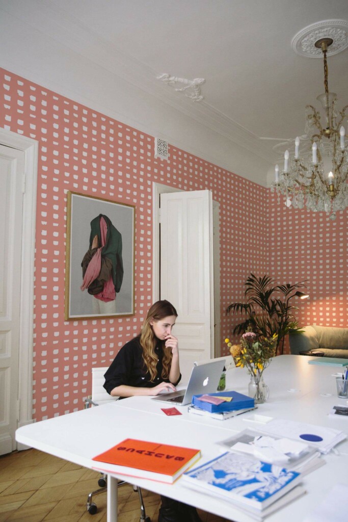 Modern eclectic style office decorated with Hand drawn grid peel and stick wallpaper