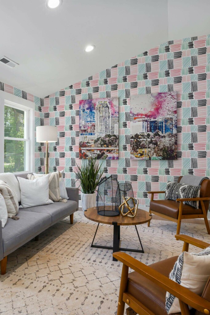 Mid-century modern style living room decorated with Hand drawn lines peel and stick wallpaper and colorful funky artwork