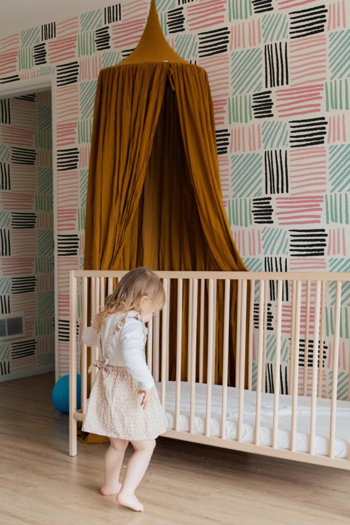 Neutral style nursery decorated with Hand drawn lines peel and stick wallpaper