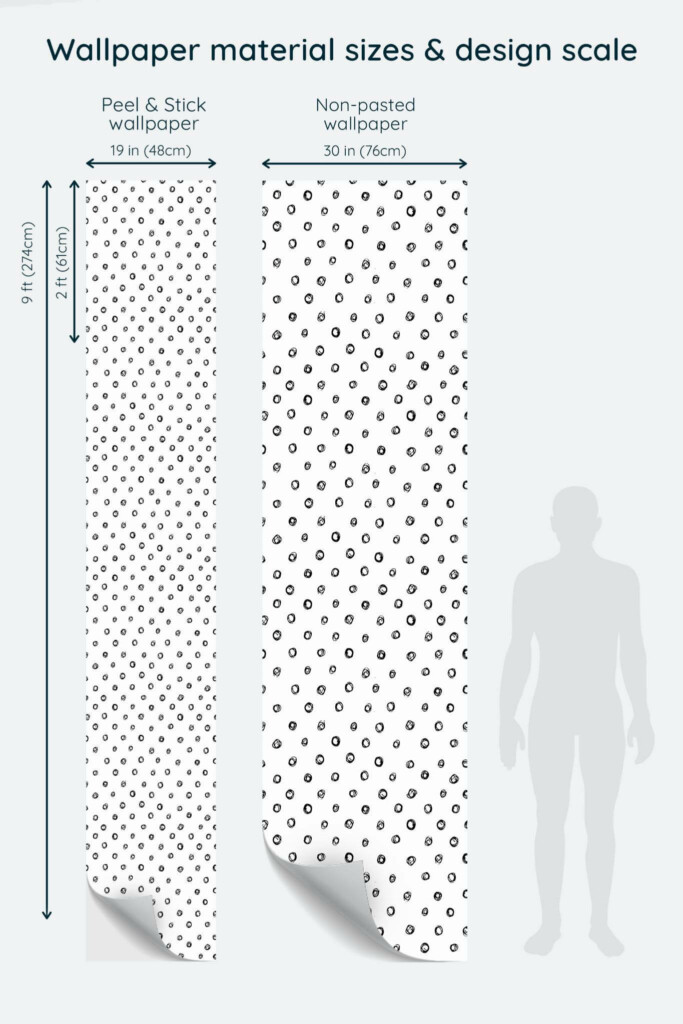 Size comparison of Hand drawn polka dot Peel & Stick and Non-pasted wallpapers with design scale relative to human figure