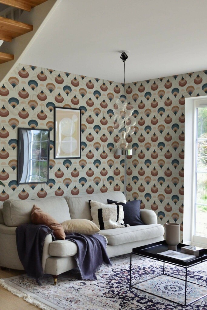 Contemporary style living room and kitchendecorated with Hand drawn retro peel and stick wallpaper