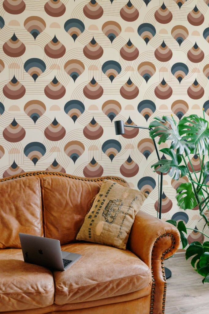 Mid-century modern style living room decorated with Hand drawn retro peel and stick wallpaper
