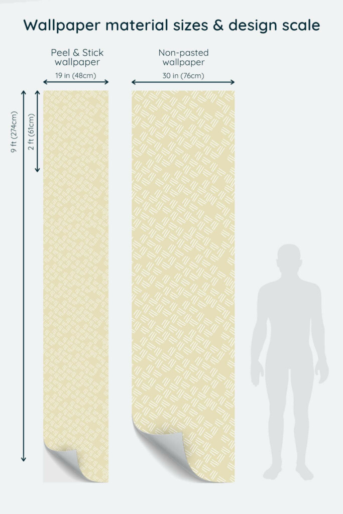 Size comparison of Hand drawn striped Peel & Stick and Non-pasted wallpapers with design scale relative to human figure
