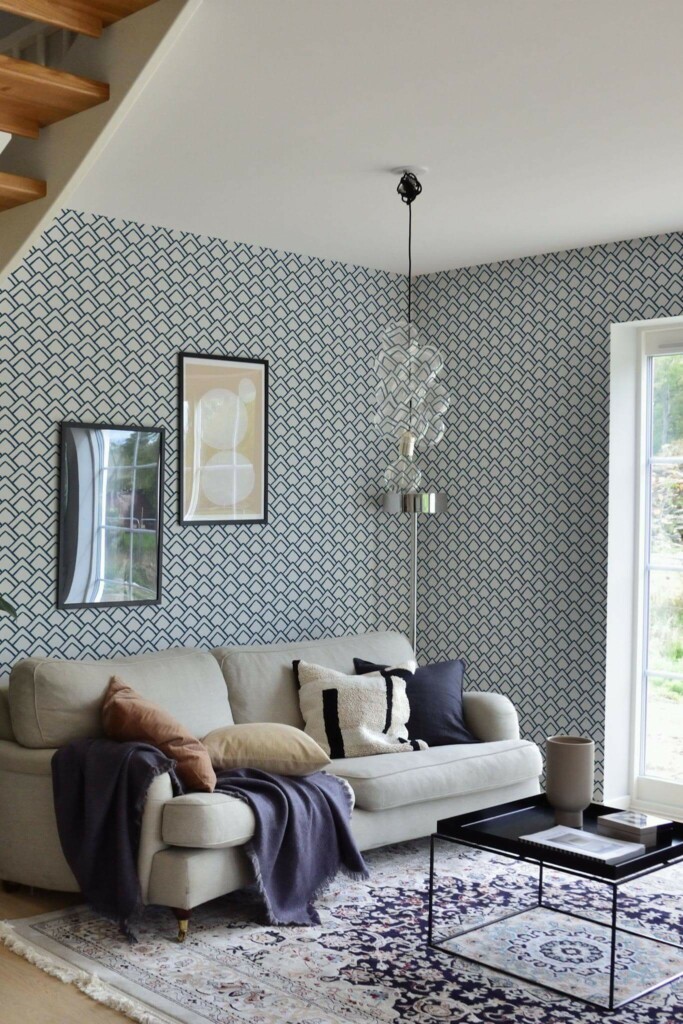 Contemporary style living room and kitchendecorated with Hand drawn triangles peel and stick wallpaper
