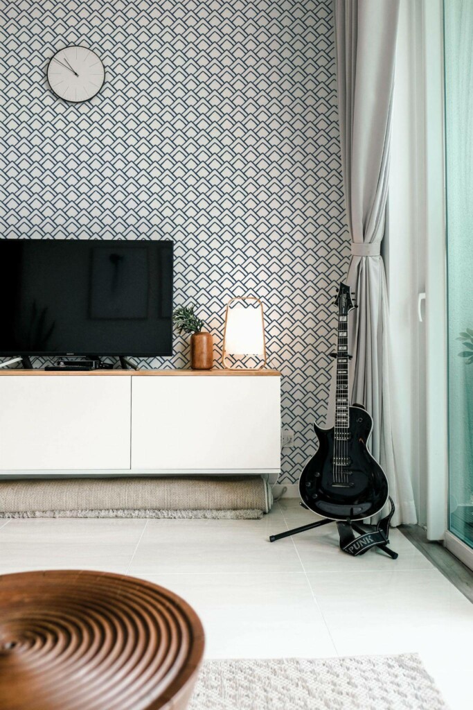 Scandinavian style music room decorated with Hand drawn triangles peel and stick wallpaper