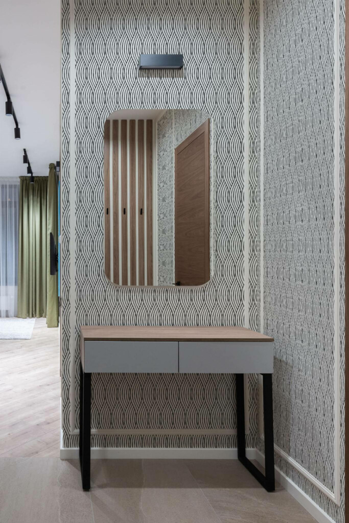 Modern scandinavian style entryway decorated with Hand drawn wavy line peel and stick wallpaper