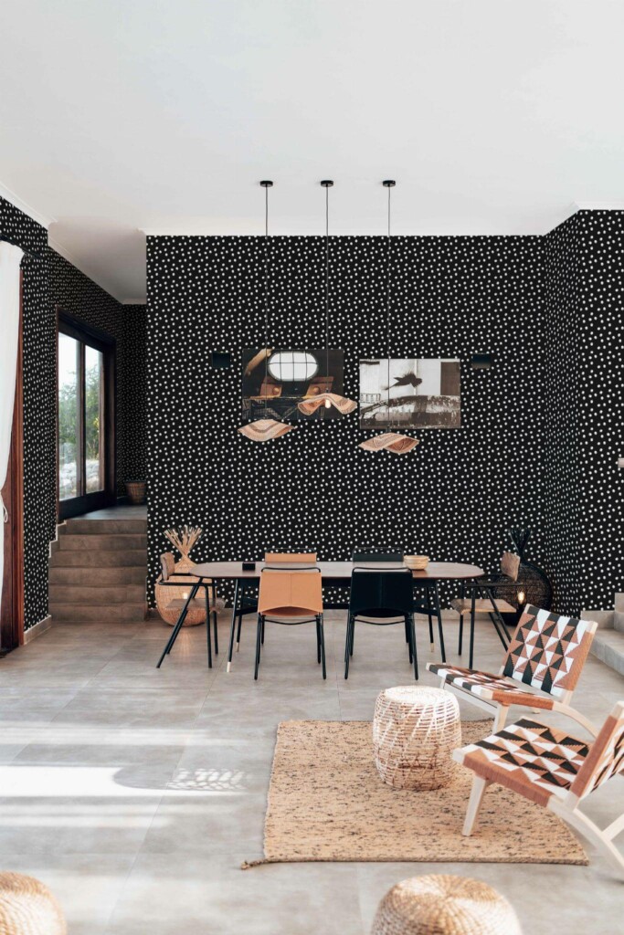 Modern boho style living dining room decorated with Hand drawn white circles peel and stick wallpaper