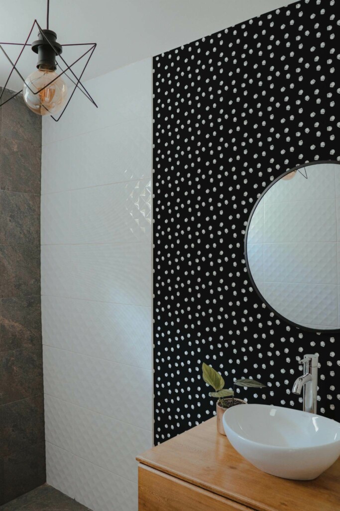 Modern style bathroom decorated with Hand drawn white circles peel and stick wallpaper