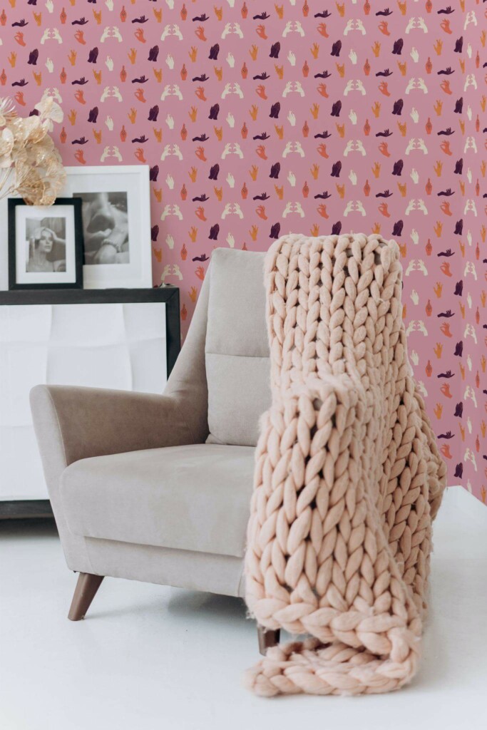 Boho style living room decorated with Hand gesture peel and stick wallpaper