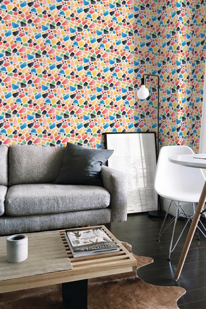 Industrial scandinavian style living room decorated with Hand painted terrazzo peel and stick wallpaper