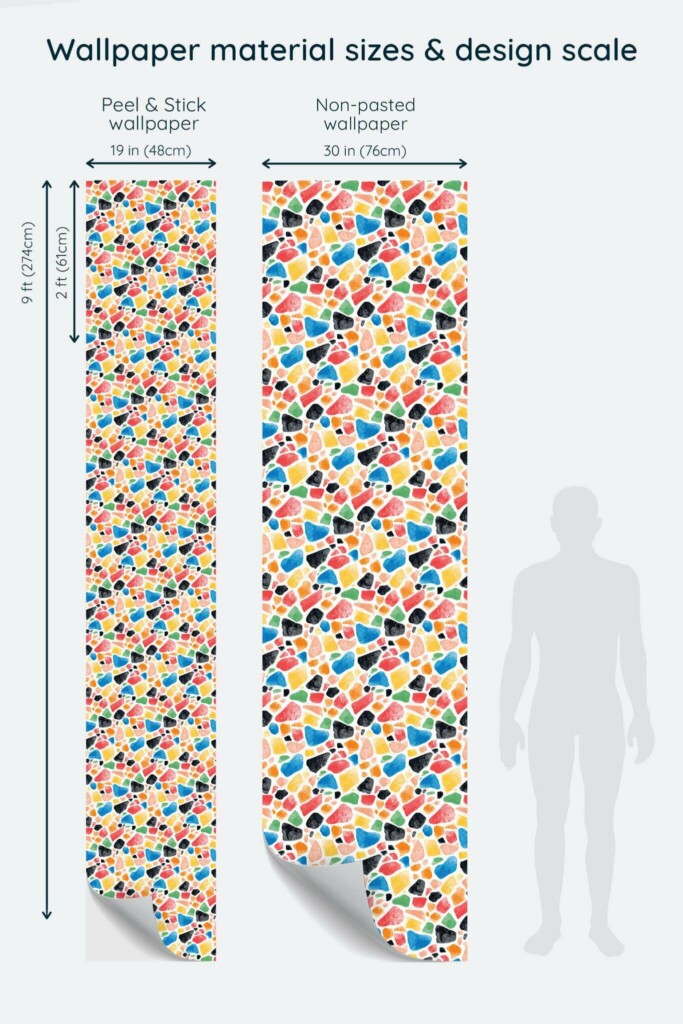Size comparison of Hand painted terrazzo Peel & Stick and Non-pasted wallpapers with design scale relative to human figure