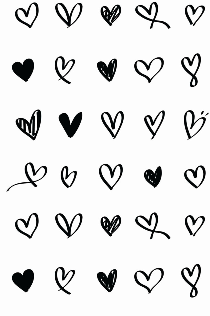 Pattern repeat of Handdrawn hearts removable wallpaper design