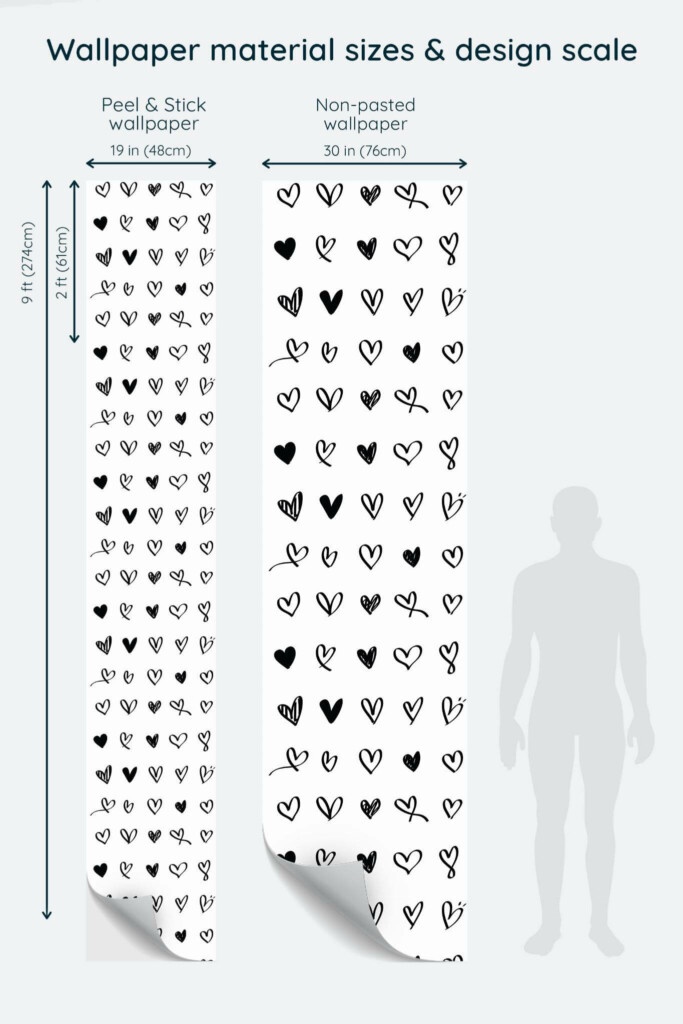 Size comparison of Handdrawn hearts Peel & Stick and Non-pasted wallpapers with design scale relative to human figure