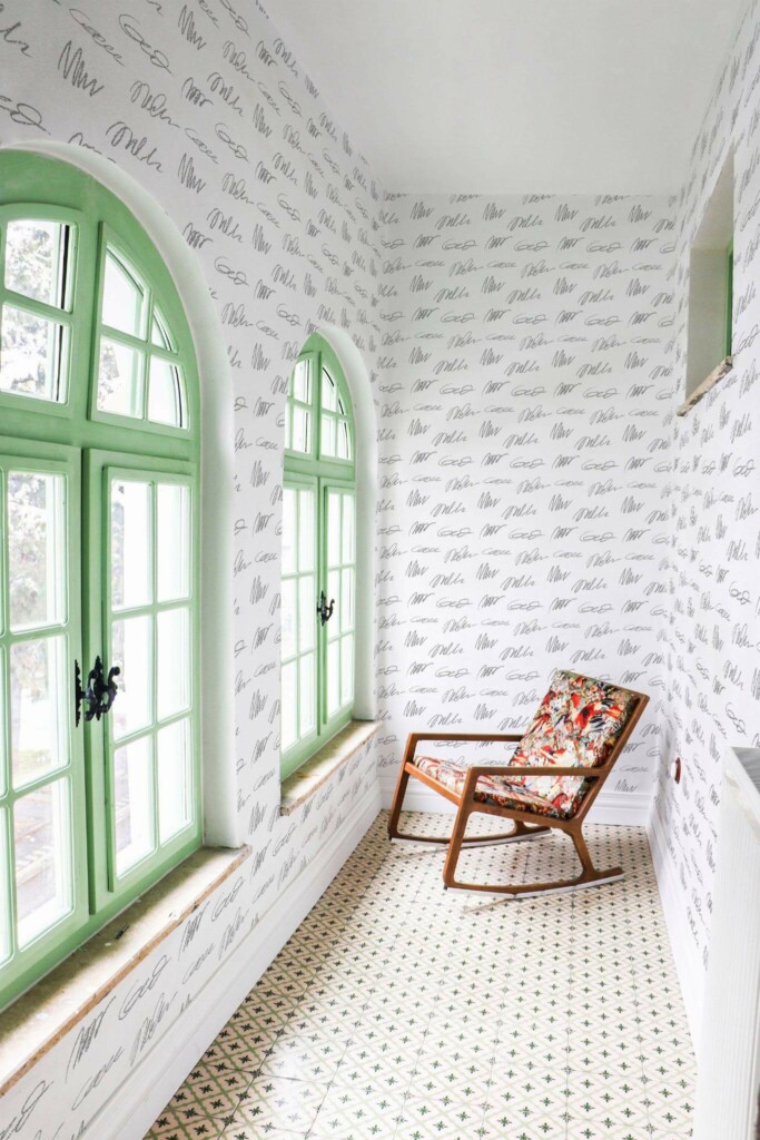 Mediterranean style hallway decorated with Handwriting peel and stick wallpaper