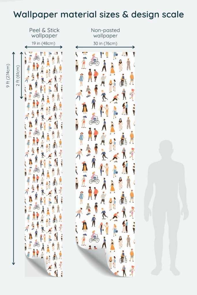 Size comparison of Happy people Peel & Stick and Non-pasted wallpapers with design scale relative to human figure