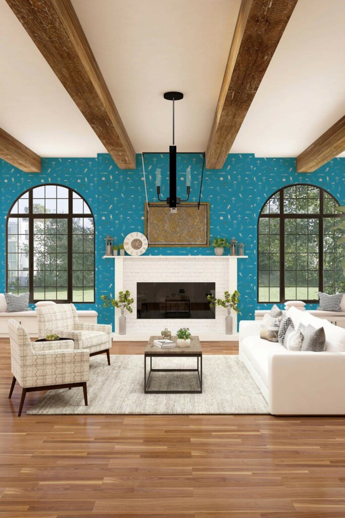 Light farmhouse style living room decorated with Happy swimmers peel and stick wallpaper