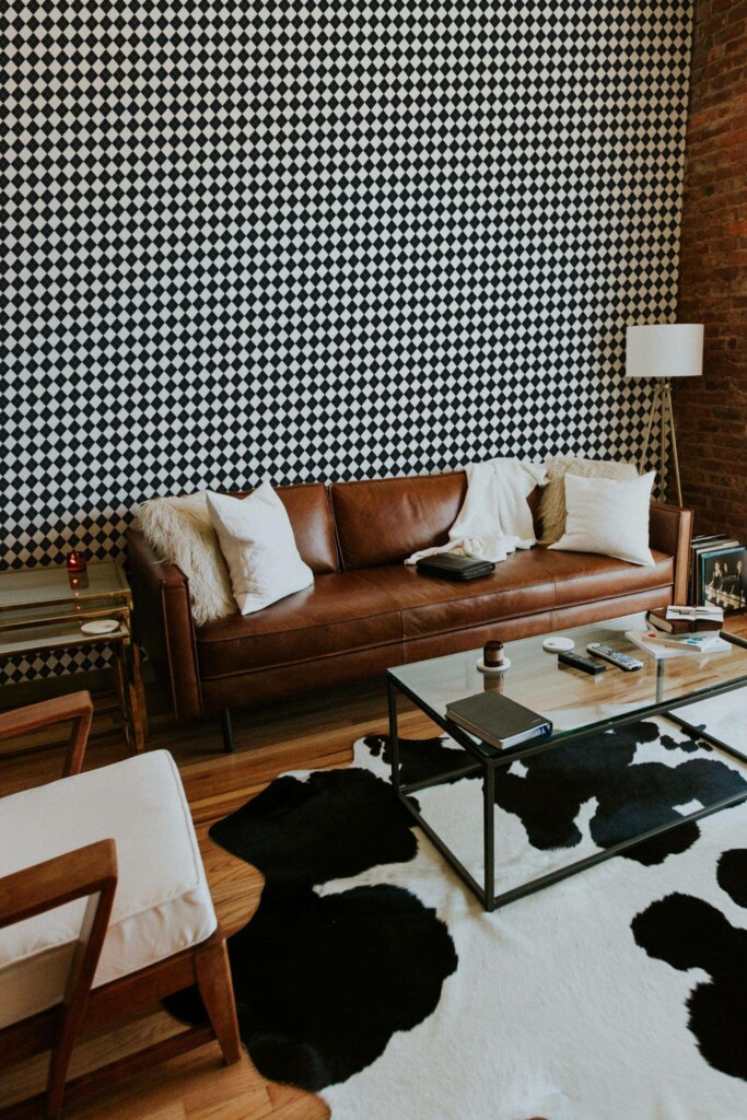 Mid-century modern style living room decorated with Harlequin peel and stick wallpaper