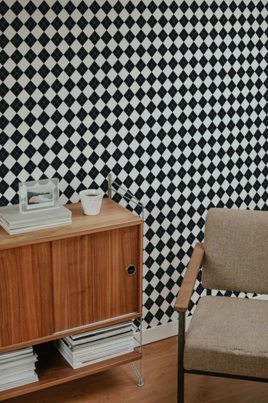Mid-century style living room decorated with Harlequin peel and stick wallpaper
