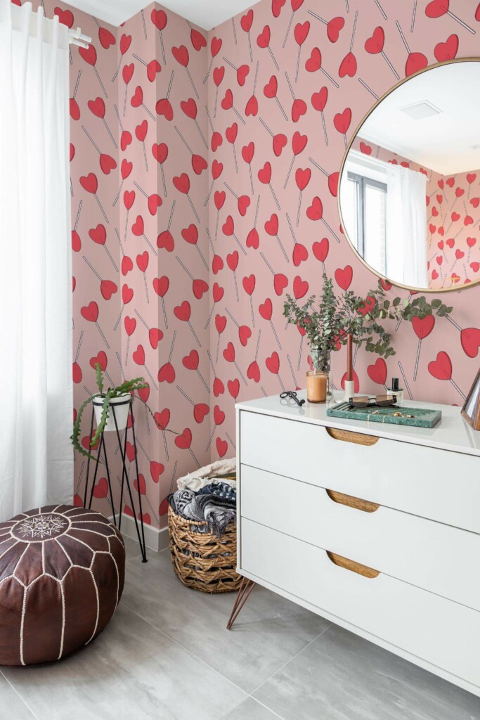 Minimal Mediterranean style powder room decorated with Heart lolipop peel and stick wallpaper