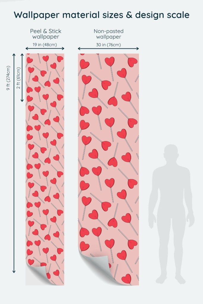Size comparison of Heart lollipop Peel & Stick and Non-pasted wallpapers with design scale relative to human figure