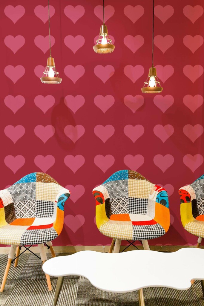 Mid-century modern style living room decorated with Heart peel and stick wallpaper