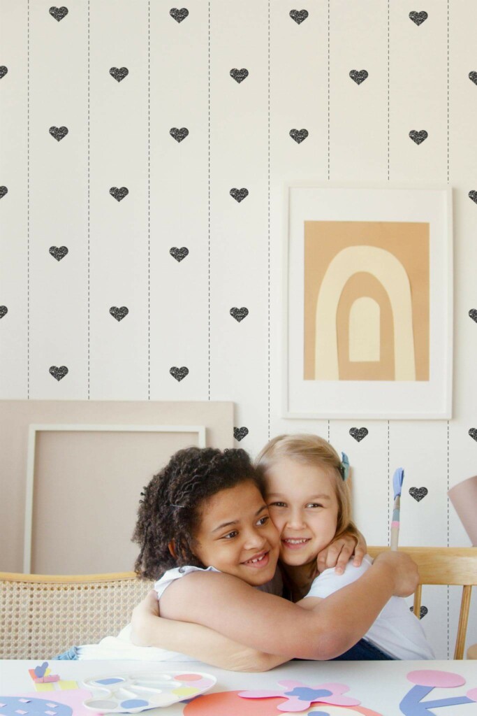 Boho style kids playroom decorated with Heart striped peel and stick wallpaper