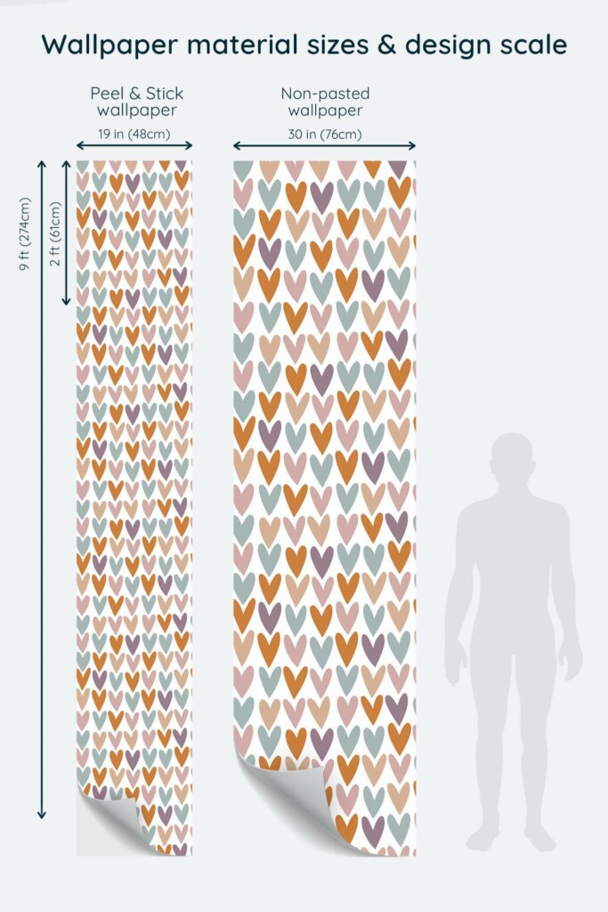 Size comparison of Heart Peel & Stick and Non-pasted wallpapers with design scale relative to human figure