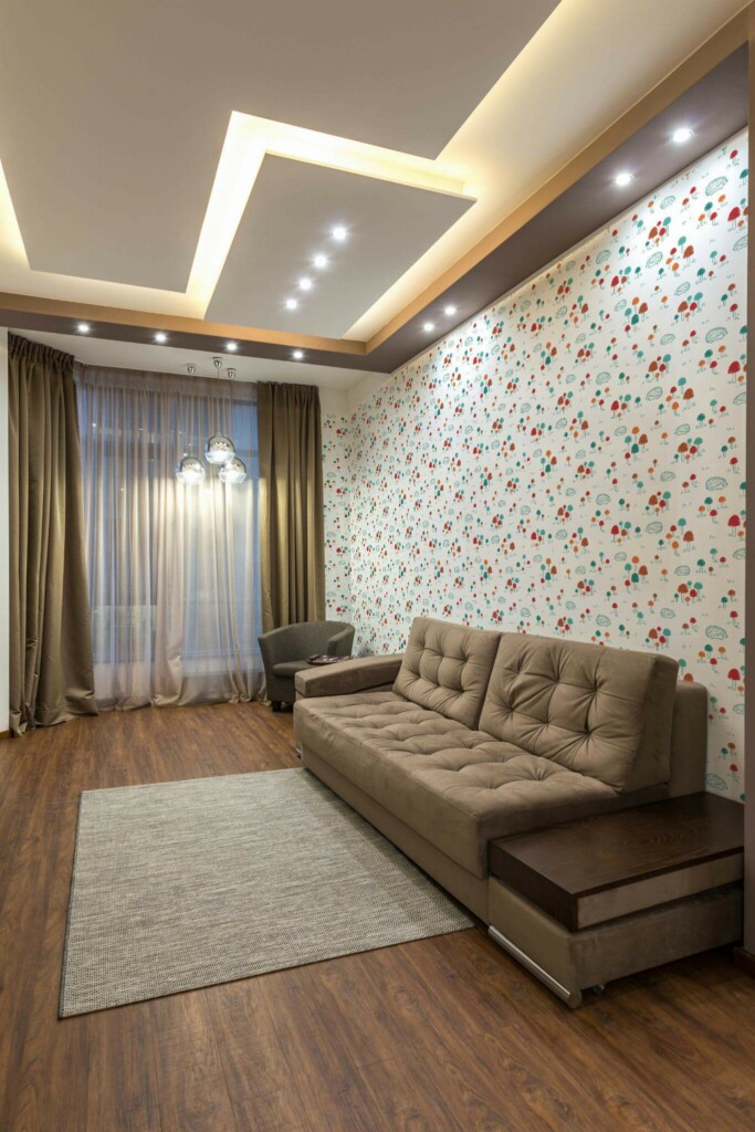 Modern Eastern European style living room decorated with Hedgehog forest peel and stick wallpaper
