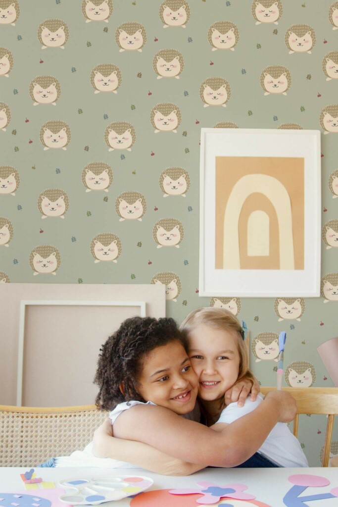 Boho style kids playroom decorated with Hedgehog nursery peel and stick wallpaper