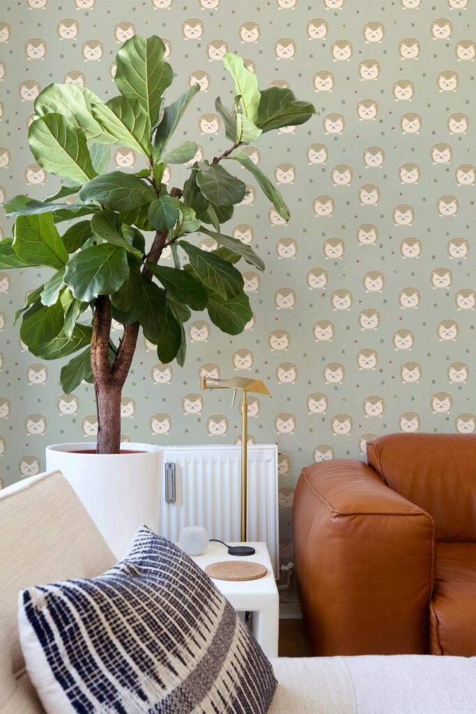 Mid-century style living room decorated with Hedgehog nursery peel and stick wallpaper